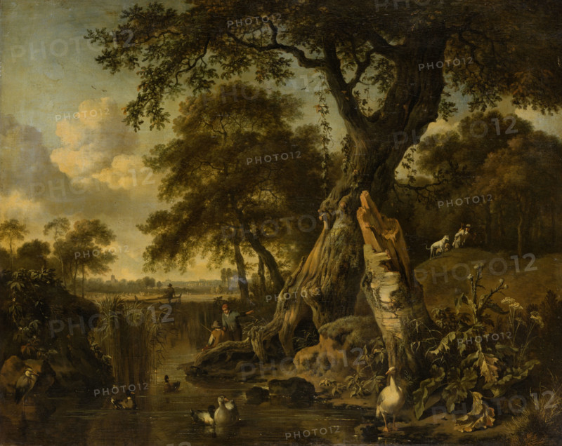 River Landscape with Fisherman and Hunter, 1671. Creator: Jan Wijnants.