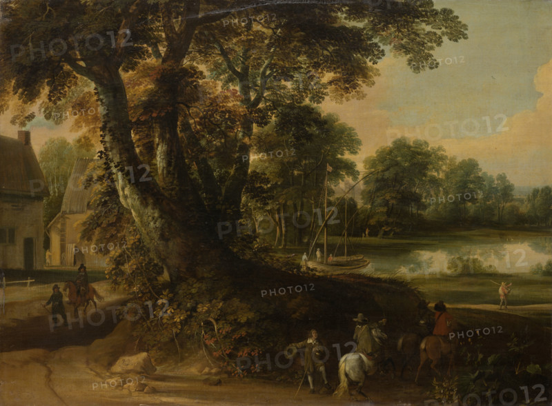 Landscape with a Group of Trees at the Shore of a Lake, Three Riders on the Road..., c1664-1670. Creator: Jacques d'Arthois.