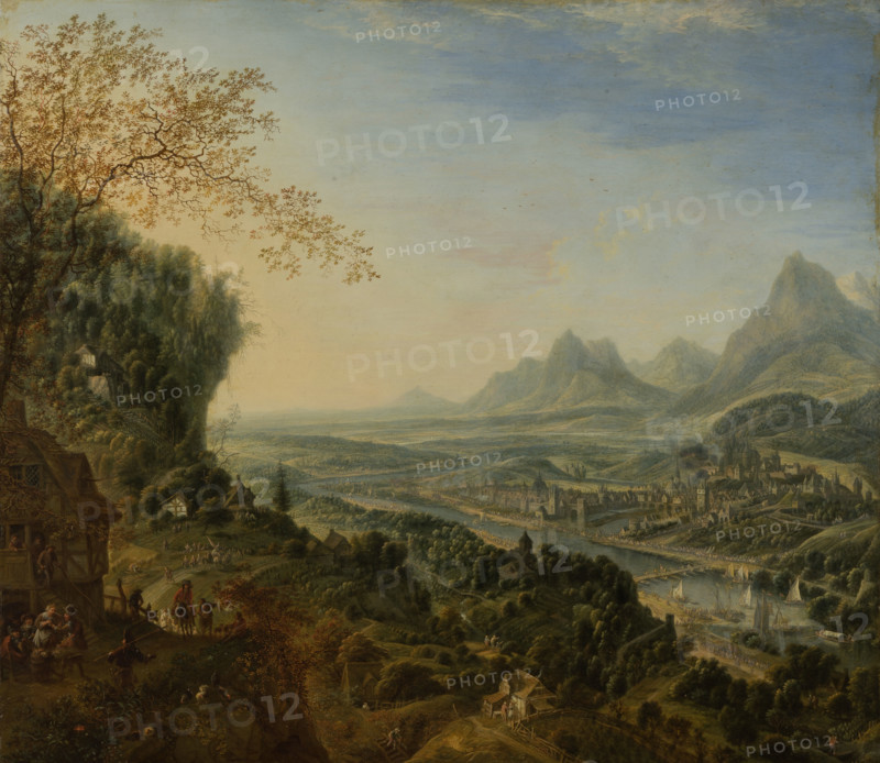 River Landscape with Rhine Motifs and Troops Passing, c1700. Creator: Jan Griffier I.