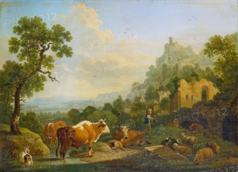 Landscape with Farm Animals at a Brook, 1768. Creator: Friedrich Wilhelm Hirt.