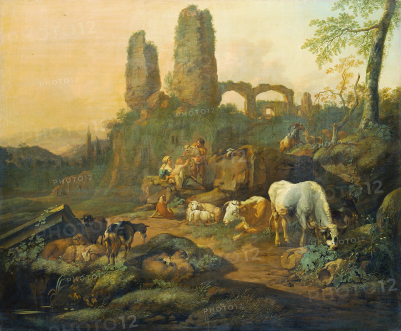 Shepherd Family Resting near an Ancient Ruin, 1680. Creator: Johann Heinrich Roos.