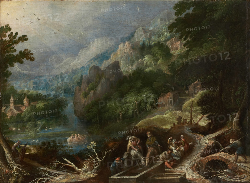 Mountain Landscape with Travelers at a Well, c1610-1620. Creator: Frederik van Valckenborch.