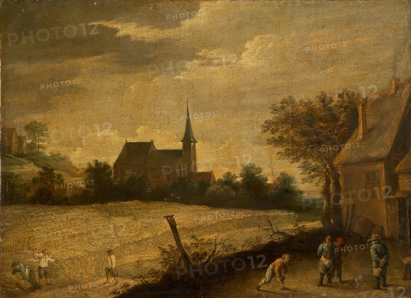 Landscape with Peasants Mowing and Bowling, c1700. Creator: David Teniers II.