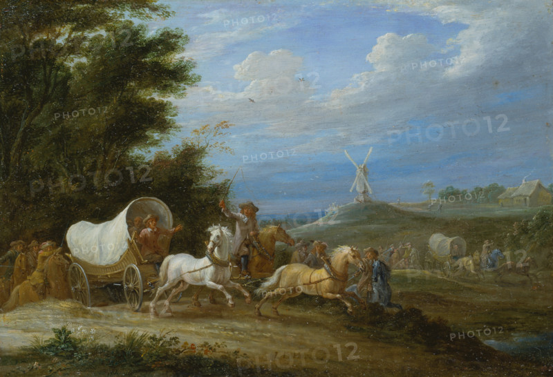 Landscape with the Attack on a Covered Wagon by a Group of Riders, c1660. Creator: Lambert de Hondt I.