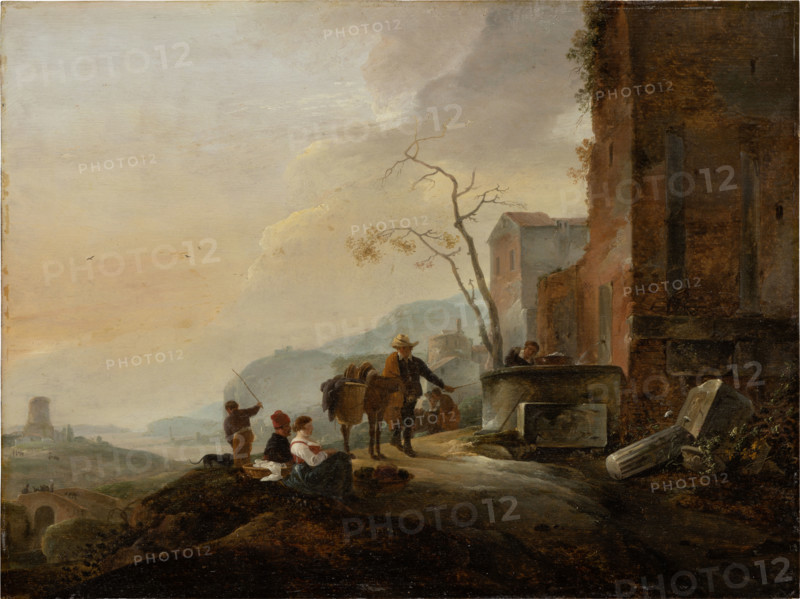 Italian Landscape with Figures at a Fountain among Antique Ruins, c1645-1650. Creator: Thomas Wijck.