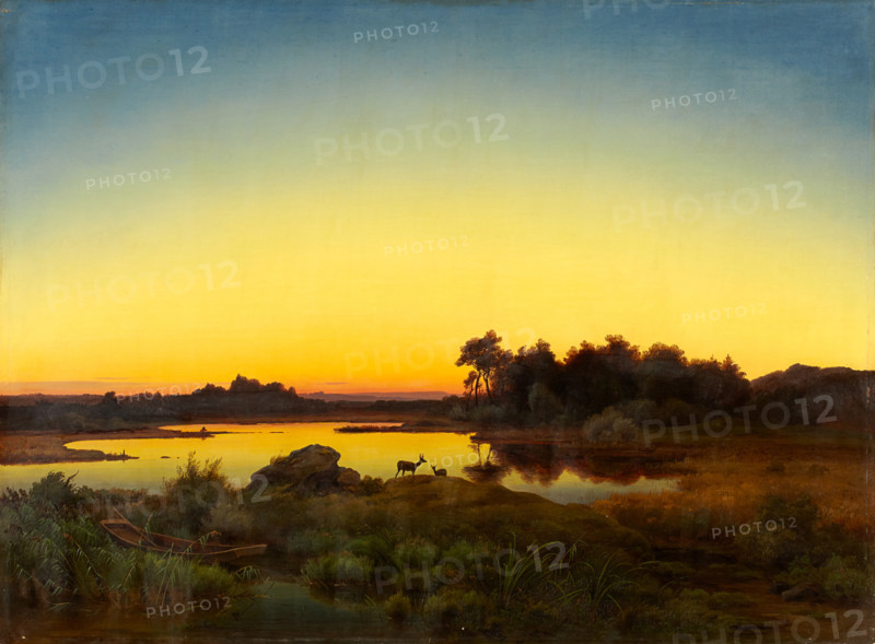 Landscape with Deer at Sunset, 1847. Creator: Anton Zwengauer.