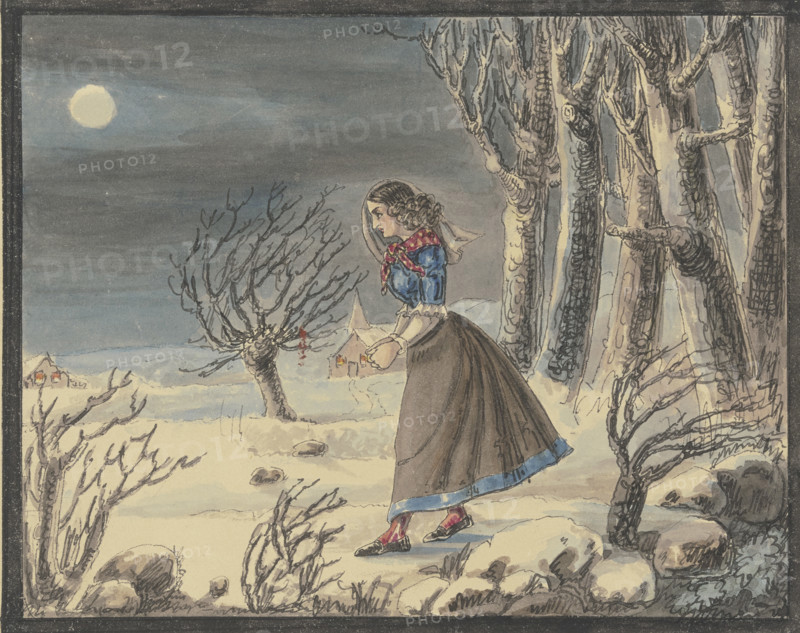 The poet Anna Louise Karsch in a winter landscape by full moon, mid-late 19th century. Creator: Caroline Pierson.