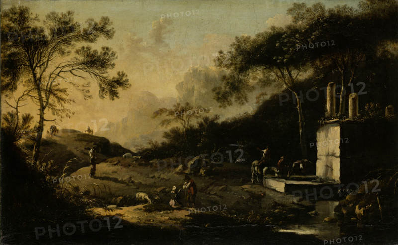 Italian Mountain Landscape with Travelers at a Well, 1650-1700. Creator: Hans de Jode.