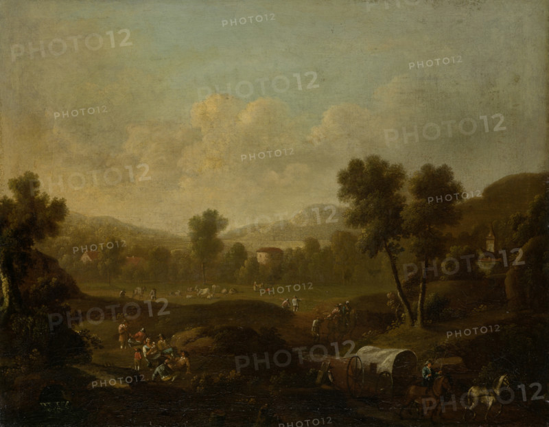 Mountainous Landscape with Figures Resting and Covered Wagon, 1700-1800. Creator: Dutch Master.