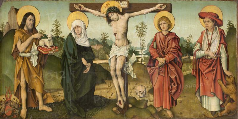 The Crucifixion with St John the Baptist and St Jerome, c1495-1500. Creator: Master of the Breidenbach Epitaph.