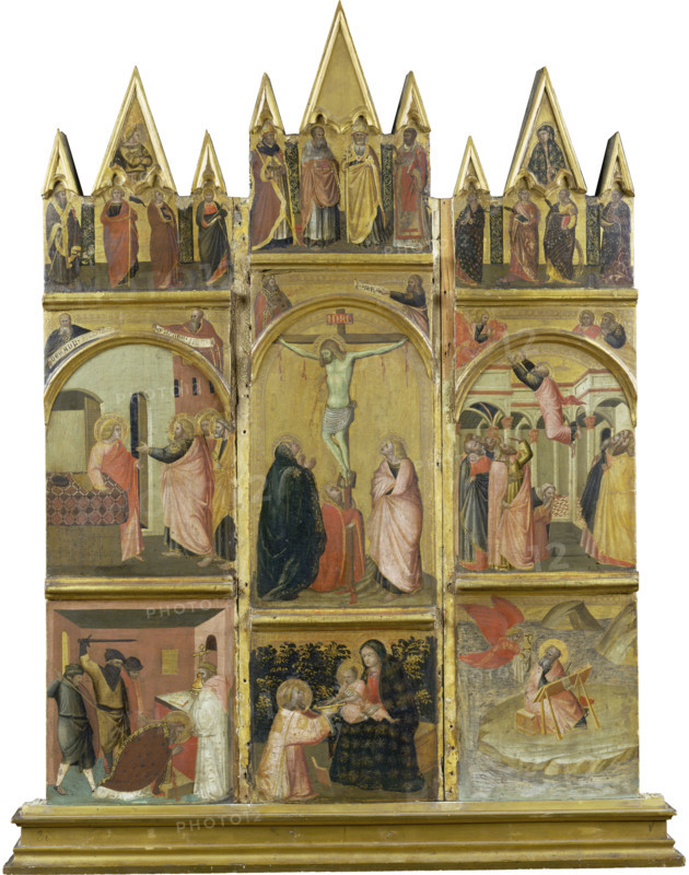 Crucifixion, Virgin and Child, Deacon and Scenes from the Legends of Saints Matthew...c1345-1350. Creator: Workshop of Pietro Lorenzetti.
