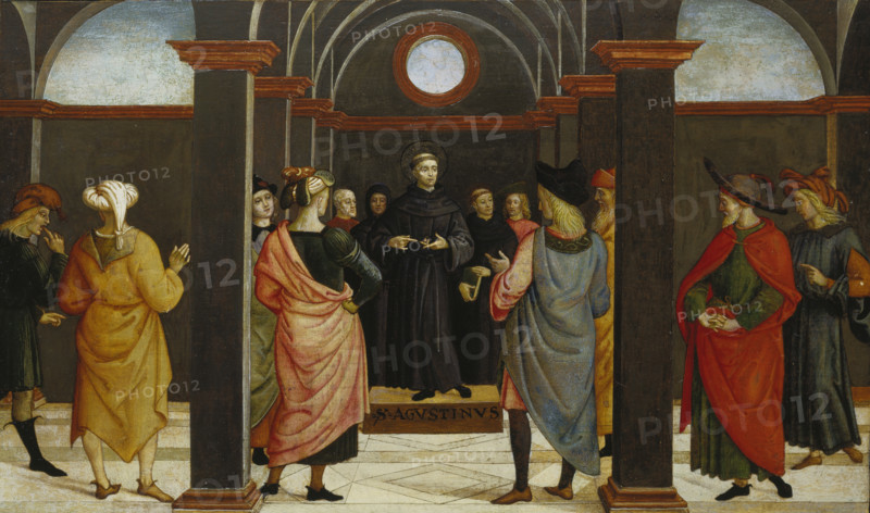 Saint Augustine disputing with the heretic Fortunatus, c1510. Creator: Umbrian Master.