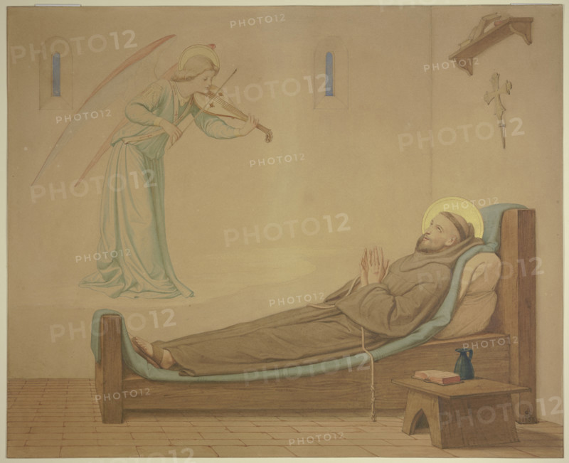 Saint Francis in his cell: An angel quenches the dying man's longing for music, 1855. Creator: Eduard von Steinle.