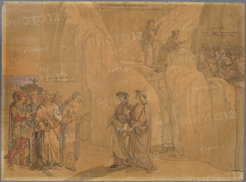 Dante, reaching a rock face, encounters Manfred, the former king of Apulia and Sicily..., 1827-1832. Creator: Johann Anton Ramboux.