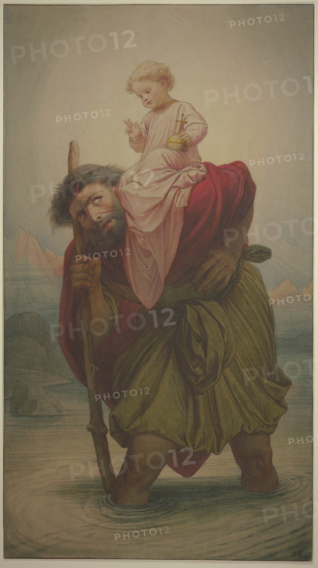Saint Christopher with the Christ Child in the river, 1857. Creator: Eduard von Steinle.