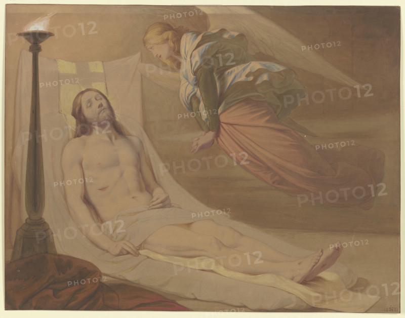 Christ in the tomb, above him hovering a mourning angel, 1851. Creator: Eduard von Steinle.