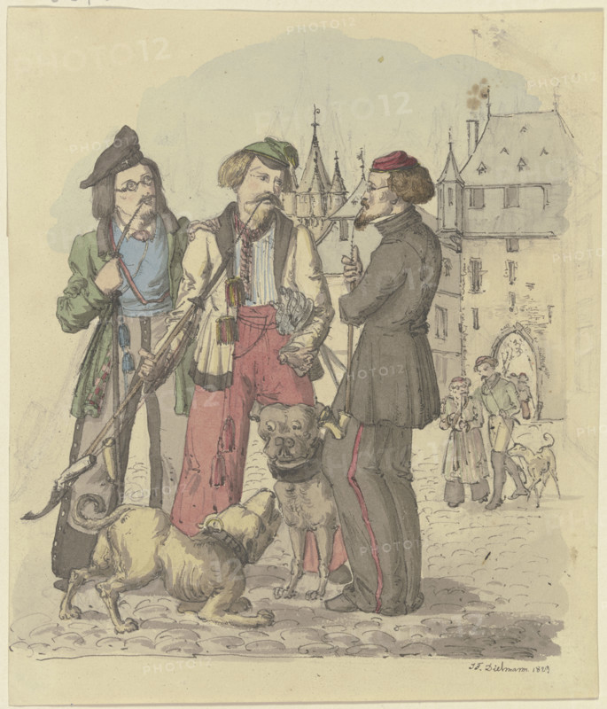 Three students smoking with two dogs, 1829. Creator: Jakob Dielmann.