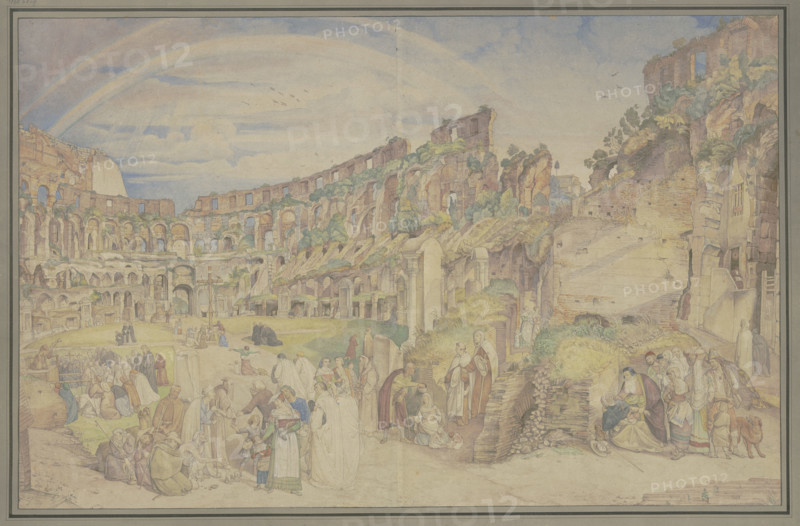 View of the interior of the Colosseum in Rome with scenes from Italian folk life, 1826. Creator: Johann Anton Ramboux.