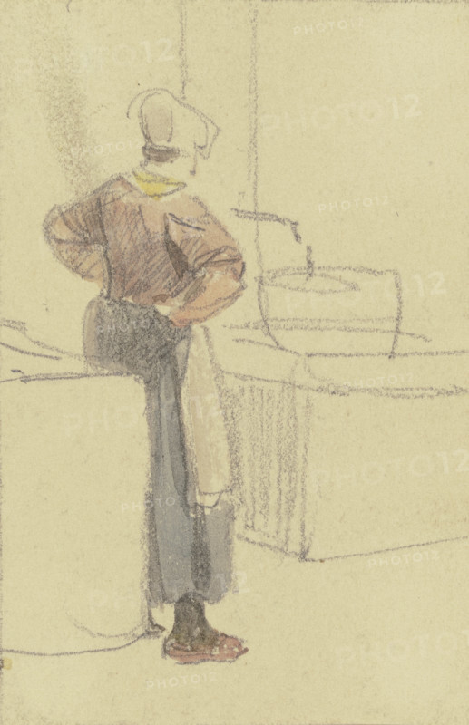 A woman, seen from behind with her hands on her hips, waits at a well until her tub is full, c1840s. Creator: Jakob Dielmann.