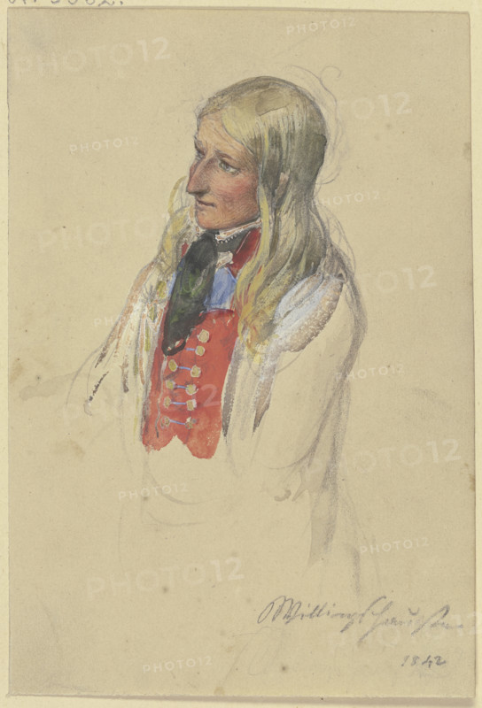 Bust of a young blonde peasant woman in a red vest and white skirt, 1842. Creator: Jakob Dielmann.