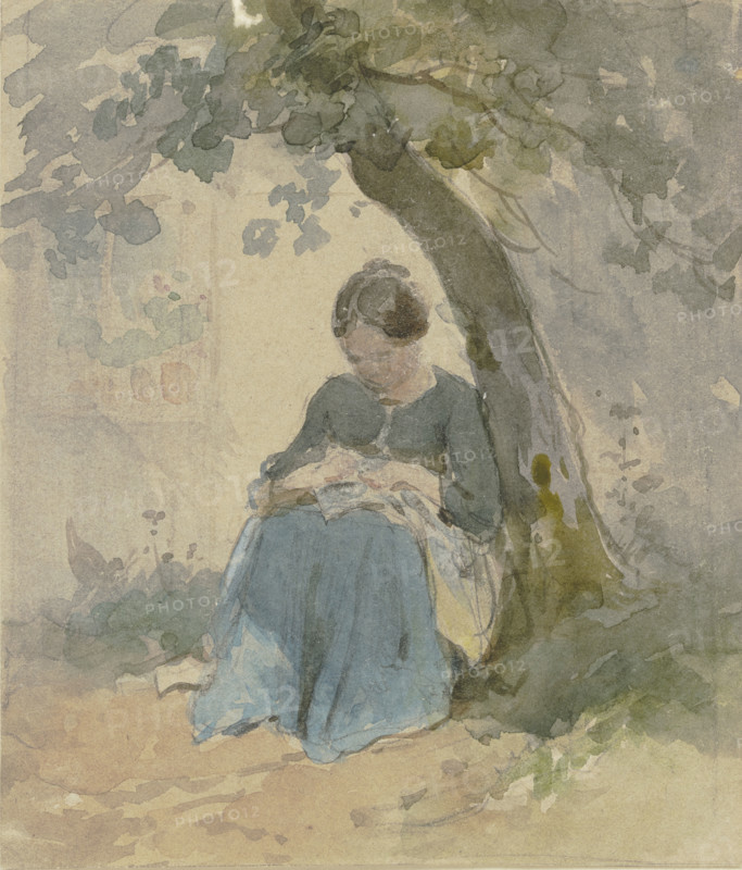 Woman sitting under a tree sewing, c1840-1890s. Creator: Philipp Rumpf.