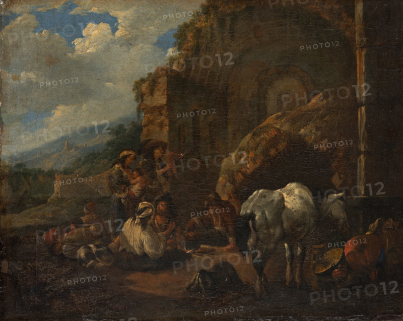 Travelling People Resting in Front of a Roman Ruin, 1672. Creator: Johann Heinrich Roos.