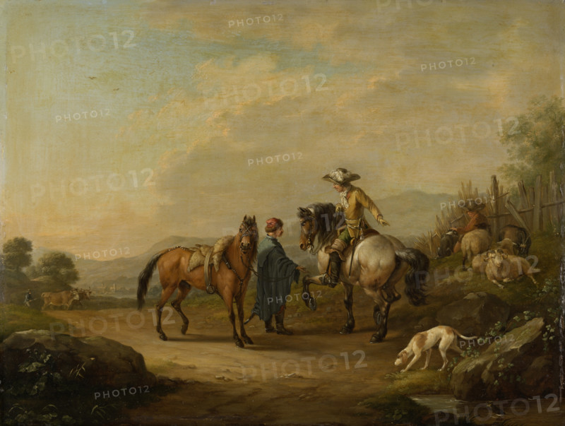 A Gentleman on Horseback with his Groom, 1786. Creator: Johann Georg Pforr.