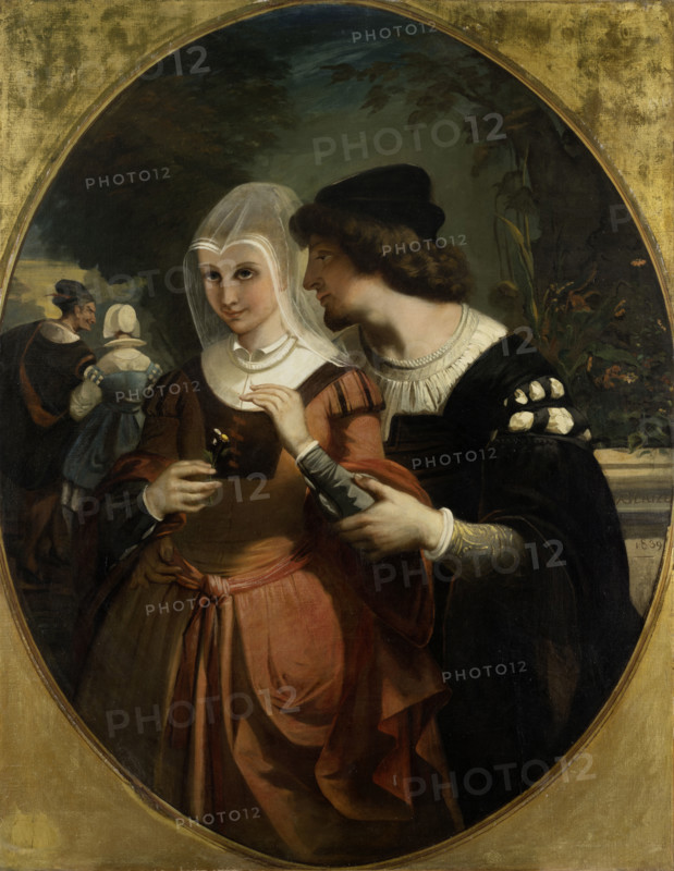 Faust and Mephisto with Gretchen and Frau Marthe in the garden, 1839. Creator: Auguste Barthelemy Glaize.