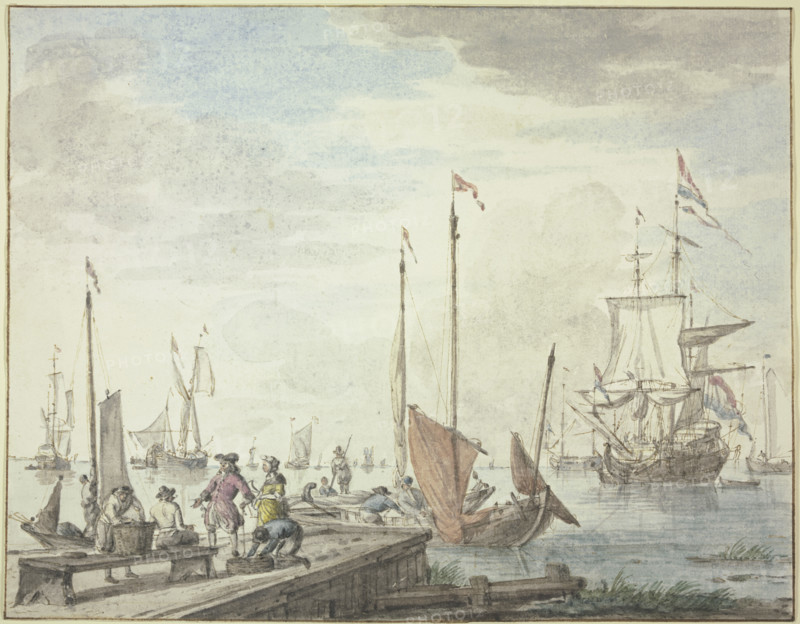 Boats lie by a wooden causeway, a merchant and his wife are having goods loaded. Creator: Abraham Storck.