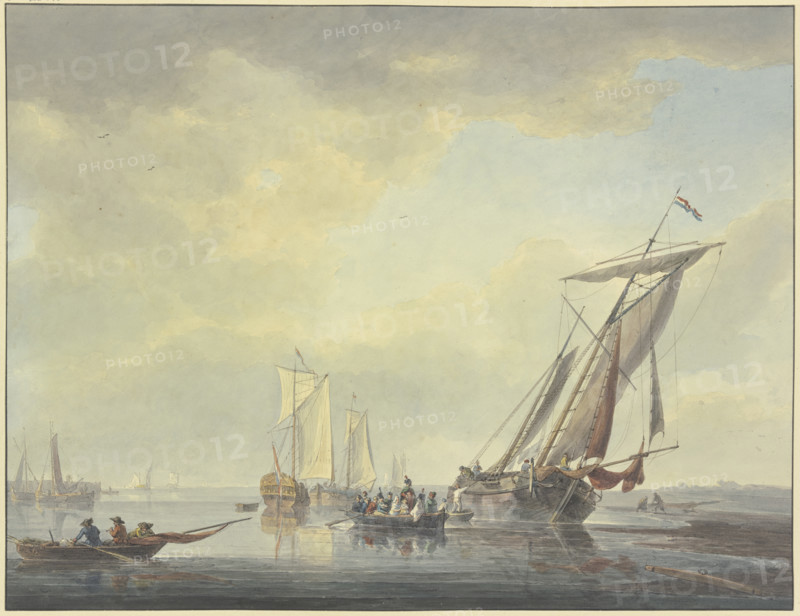 Barges lie on the beach; a boat with many people, including some military personnel, is sailing... Creator: Arie Lamme.