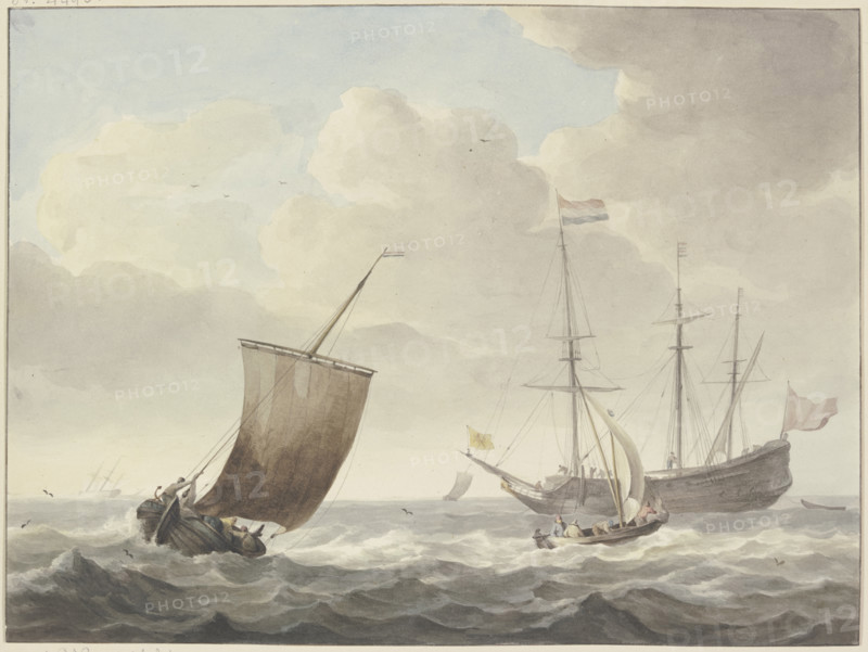 Running sea with ships, yellow flag with a golden lion. Creator: Martinus Schouman.