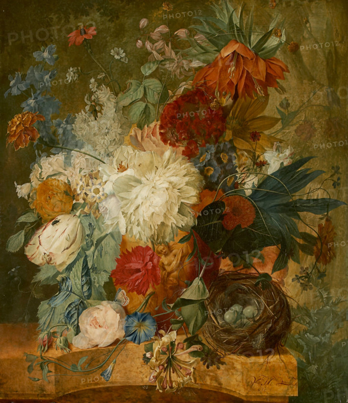 Still Life with Bouquet of Flowers and Bird's Nest, 1776. Creator: Wybrand Hendriks.