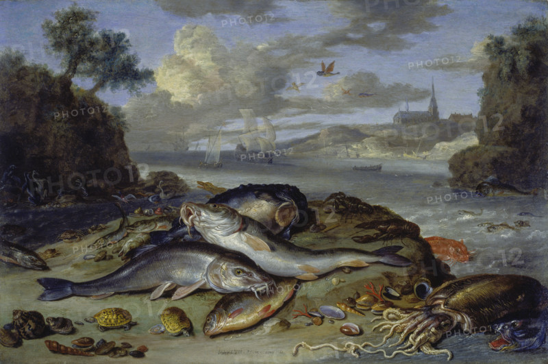 Still Life with Fish and Sea Animals in a Coastal Landscape, 1661. Creator: Jan van Kessel.