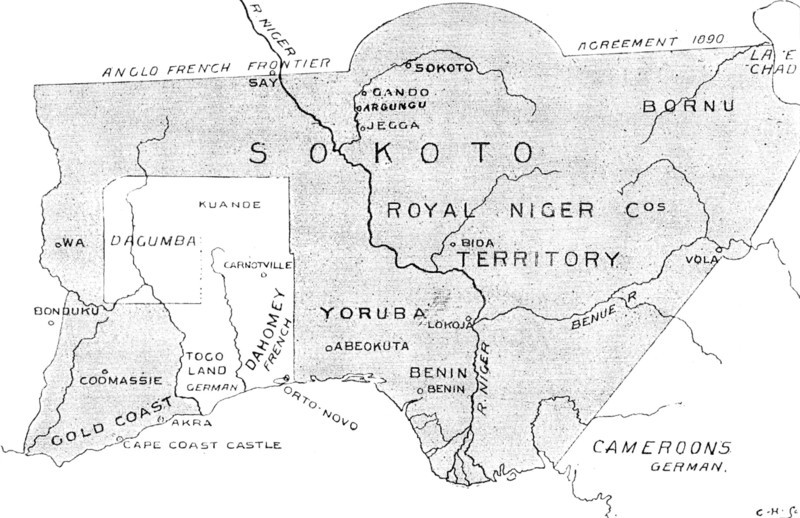 The French in West Africa: map with shaded portion denoting the sphere of British influence, 1898. Creator: Carl Hentschel.
