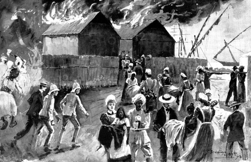 Fire at the Modykhana Plague Hospital: nurses saving the native patients, 1898.  Creator: Unknown.