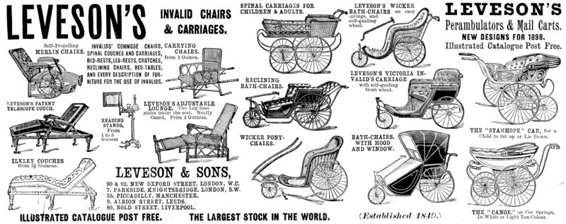 Advertisement for Leveson's Invalid Chairs & Carriages, 1898. Creator: Unknown.