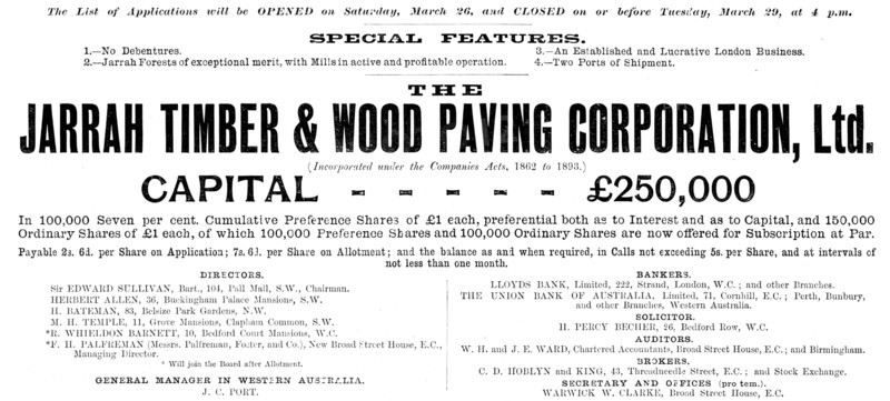 Advertisement for the Jarrah Timber & Wood Paving Corporation, Ltd., 1898. Creator: Unknown.