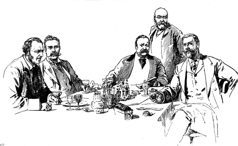 A Luncheon-Table at the Reform Club: Mr. James Payn and four of his friends, 1898. Creator: Unknown.