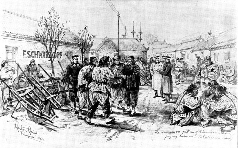 The Chinese Question: the German Occupation of Kiao-Chau: paying Chinese wheelbarrow men..., 1898. Creator: Unknown.