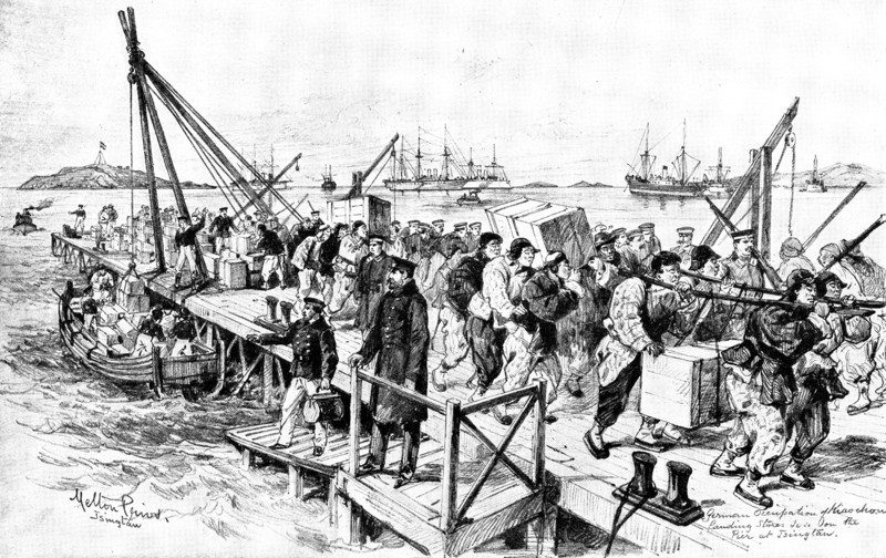 The Chinese Question: Germans landing stores at Tsingtan for Kiao-Chau, 1898. Creator: Unknown.
