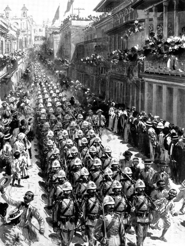 The Spanish-American War: Spanish troops marching through San Juan, the capital of Porto Rico, 1898. Creator: Unknown.