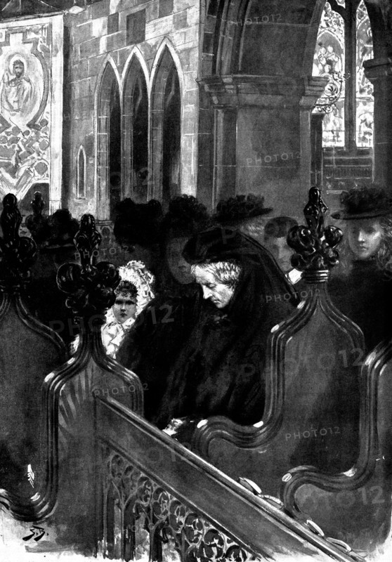 The Death of Mr. Gladstone:...Mrs. Gladstone listening to the sermon of Dean Wickham, 1898. Creator: Unknown.