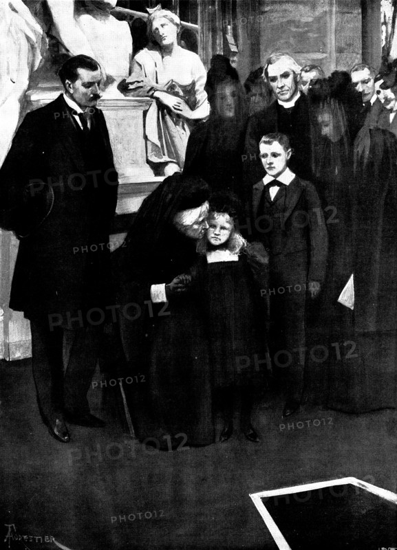The Funeral of Mr. Gladstone: Mrs. Gladstone kissing Dorothy Drew at the graveside, 1898. Creator: Unknown.