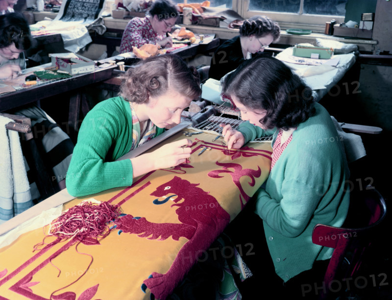 Embroidering the Royal Standard of Scotland used at the coronation of Queen Elizabeth II, 1953. Creator: Arthur Charles Kirby Ware.