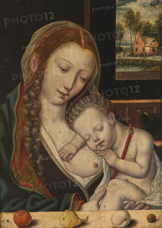 Virgin and Child with fruit on an entablature in the foreground, and window..., End of 16th cen... Creator: Anonymous.