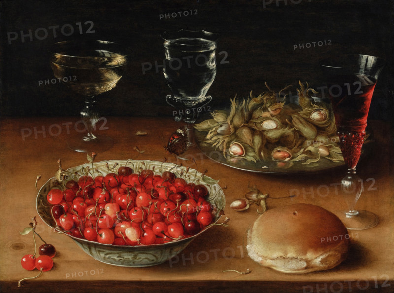 Still Life with Cherries in a Wanli Porcelain Bowl, Hazelnuts and Three Venetian Wine Glasses,1605-9 Creator: Beert, Osias, the Elder (ca. 1580-1624).