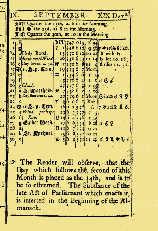 September - 19 days, from The Virginia almanack, for the year of our Lord God 1752, 1751. Creator: Historic Object.
