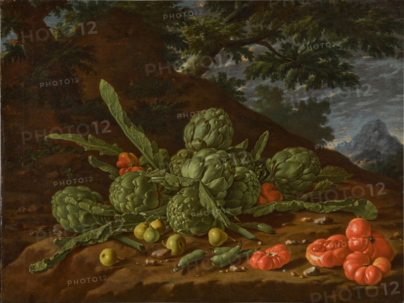 Still Life with Artichokes and Tomatoes in a Landscape. Creator: Meléndez, Luis Egidio (1716-1780).