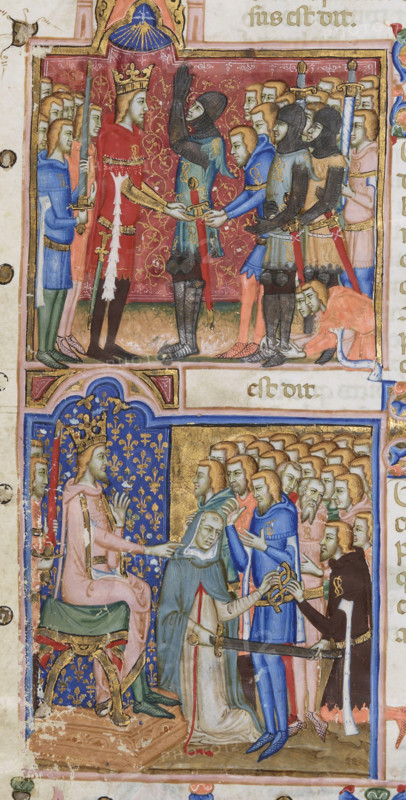 Investiture of knight by King Louis I of Naples, 1353-1354. Creator: Orimina, Cristoforo (active 1335-1360).