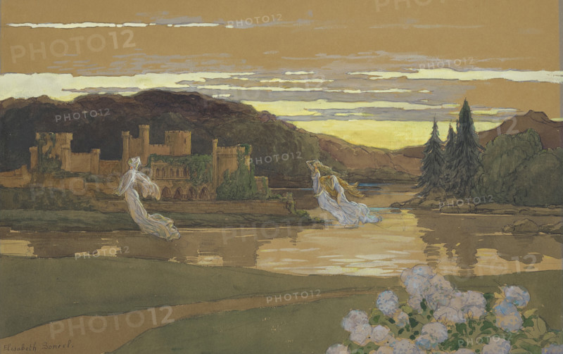 Floating nymphs by a castle. Creator: Sonrel, Elisabeth (1874-1953).
